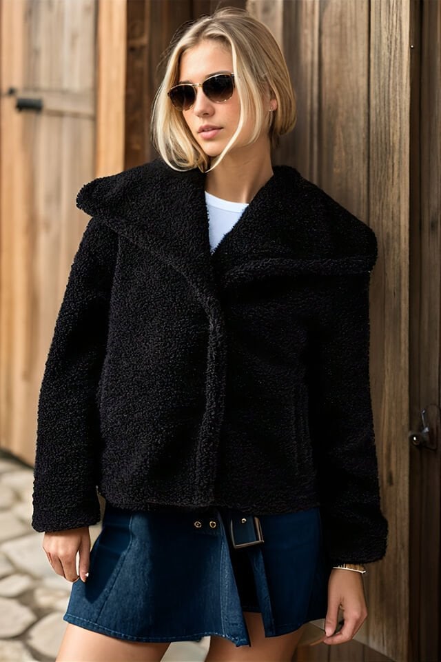 Geniş Yaka Kuzu Kıvırcık Kısa Kruvaze Mont siyah - 44