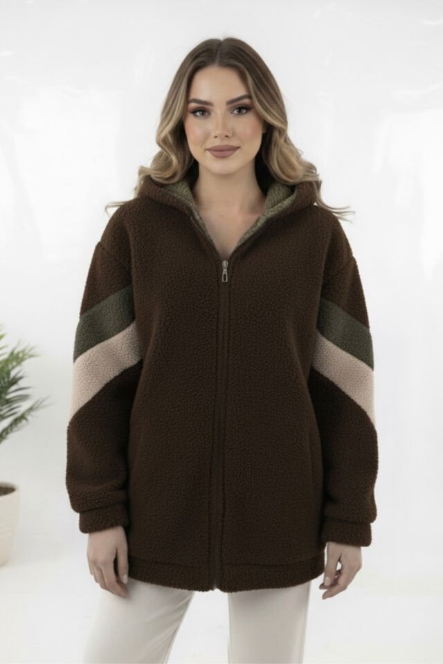 Peluş Yeni Sezon Kadın Kolları Şeritli Kolej Mont KS2577 M - kahverengi