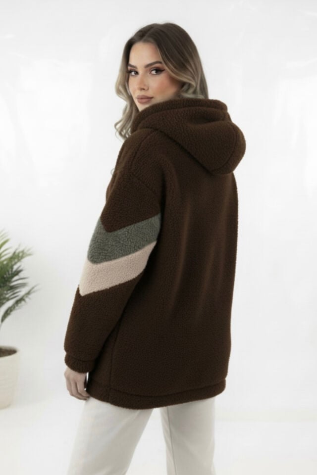 Peluş Yeni Sezon Kadın Kolları Şeritli Kolej Mont KS2577 M - Kahverengi