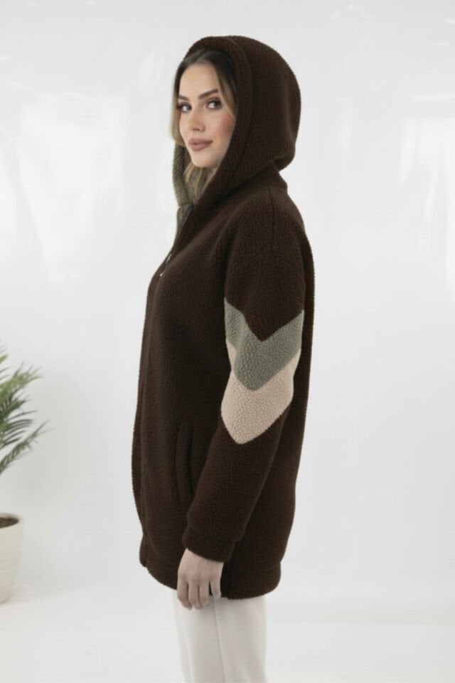 Peluş Yeni Sezon Kadın Kolları Şeritli Kolej Mont KS2577 XL - kahverengi