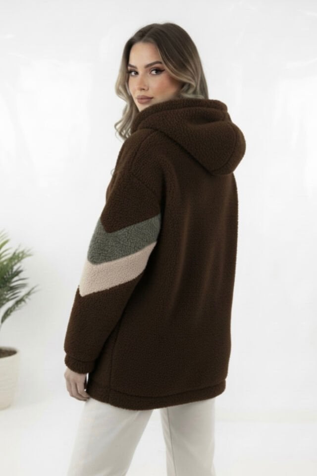 Peluş Yeni Sezon Kadın Kolları Şeritli Kolej Mont KS2577 XL - kahverengi