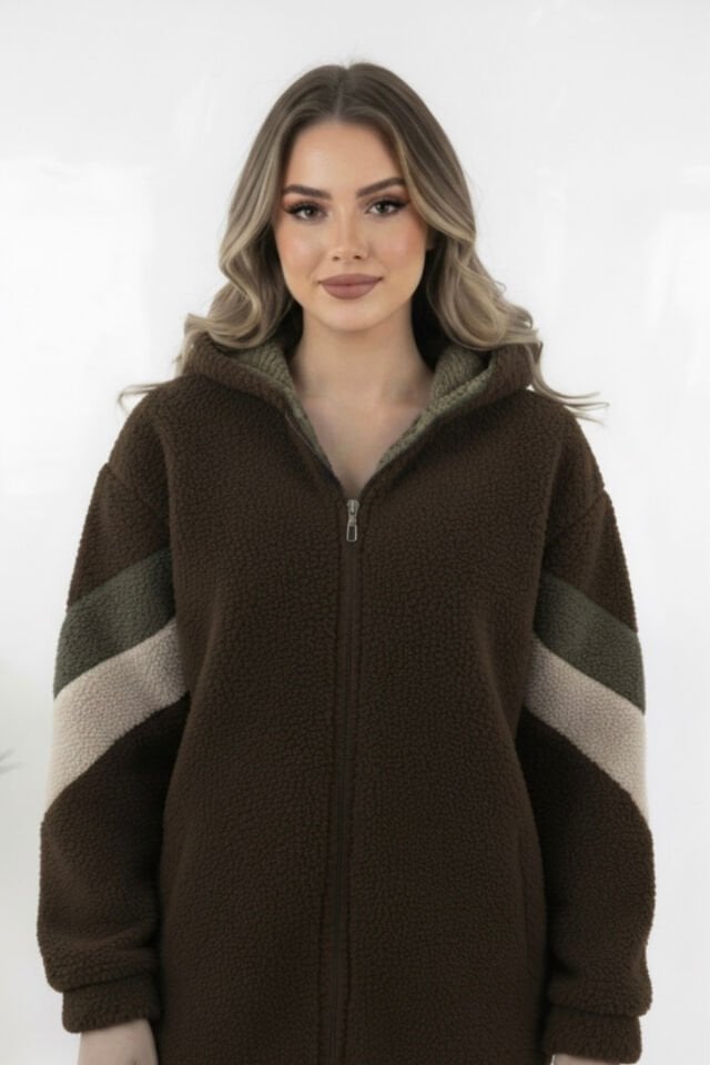 Peluş Yeni Sezon Kadın Kolları Şeritli Kolej Mont KS2577 XL - kahverengi
