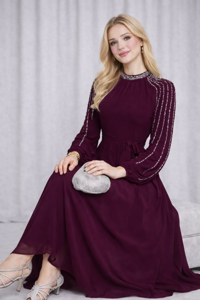 Kadın Kolları İşlemeli Astarlı Abiye Elbise YZ2501 Mürdüm - 44