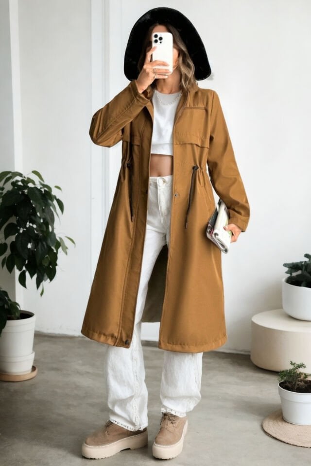 Uzun İçi Kürk Astarlı Bondit Kapüşonlu Mont