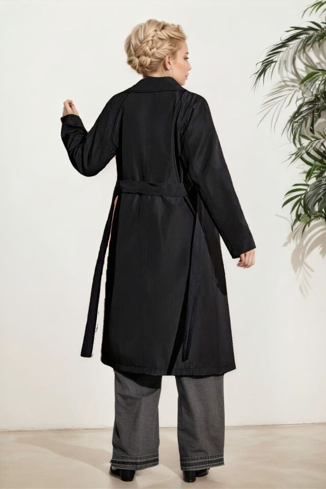 Kadın Belden Bağlamalı Cepli Trençkot Siyah KS2537 L - Siyah