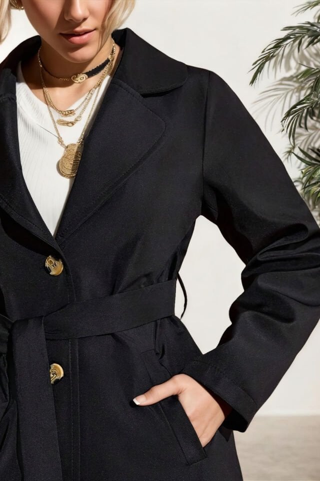 Kadın Belden Bağlamalı Cepli Trençkot Siyah KS2537 L - Siyah