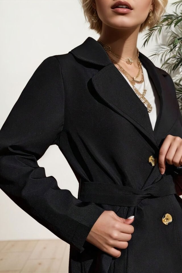 Kadın Belden Bağlamalı Cepli Trençkot Siyah KS2537 L - Siyah