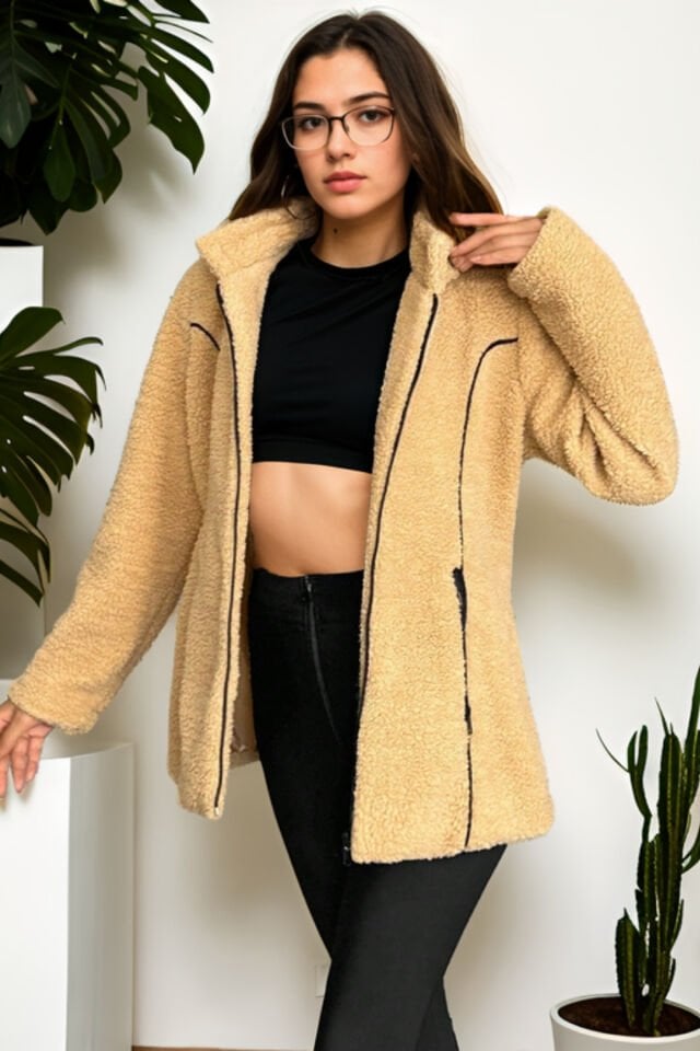 Kuzu Kıvırcık Kapüşonlu Deri Biyeli Mont Camel - 44