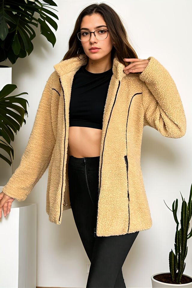 Kuzu Kıvırcık Kapüşonlu Deri Biyeli Mont Camel - 44