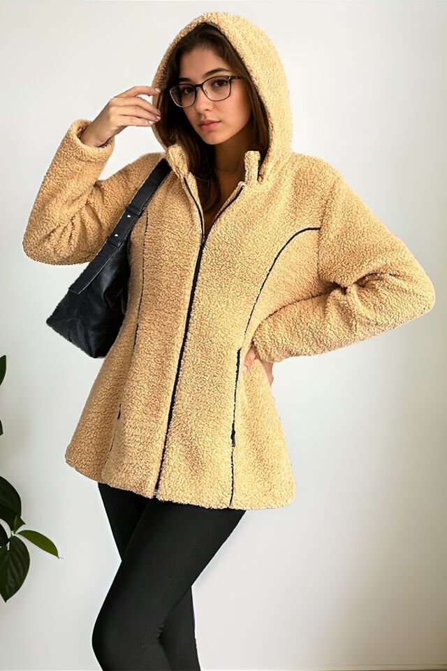 Kuzu Kıvırcık Kapüşonlu Deri Biyeli Mont Camel - 44