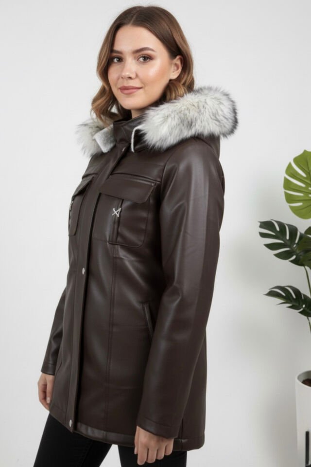 Kadın Kürk Astarlı Yeni Sezon Deri Mont KS2576 S - kahve