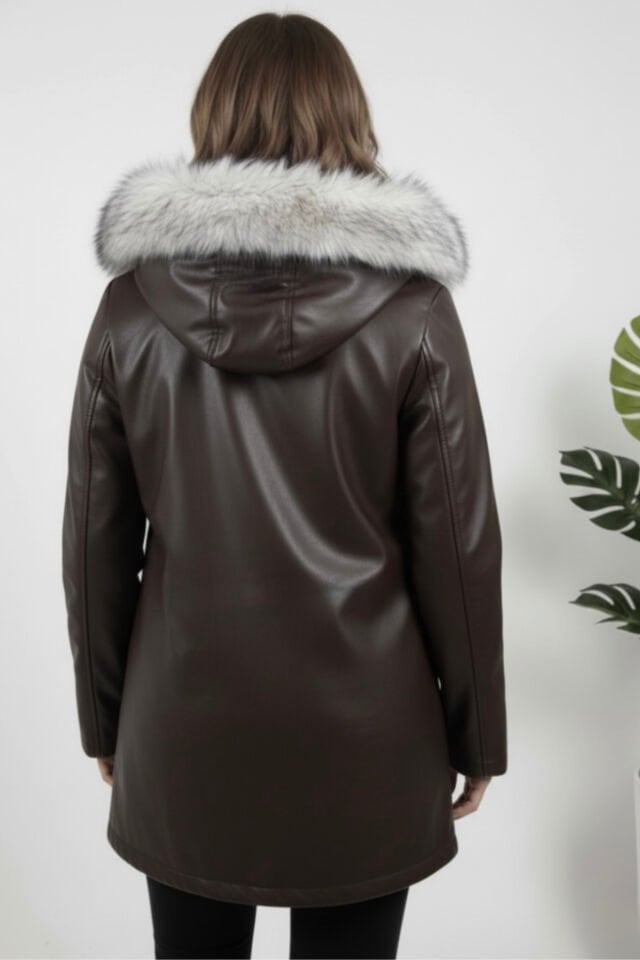 Kadın Kürk Astarlı Yeni Sezon Deri Mont KS2576 S - kahve