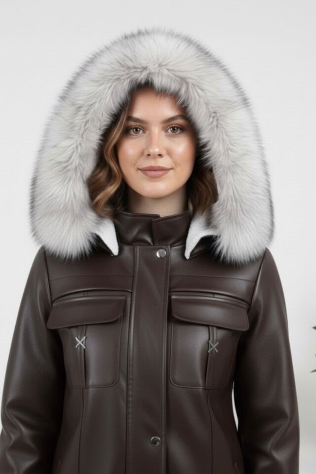 Kadın Kürk Astarlı Yeni Sezon Deri Mont KS2576 S - kahve