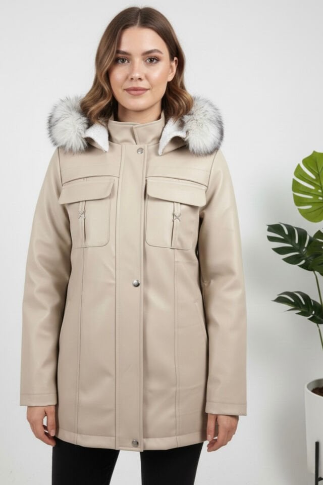 Kadın Kürk Astarlı Yeni Sezon Deri Mont KS2576 L - Bej