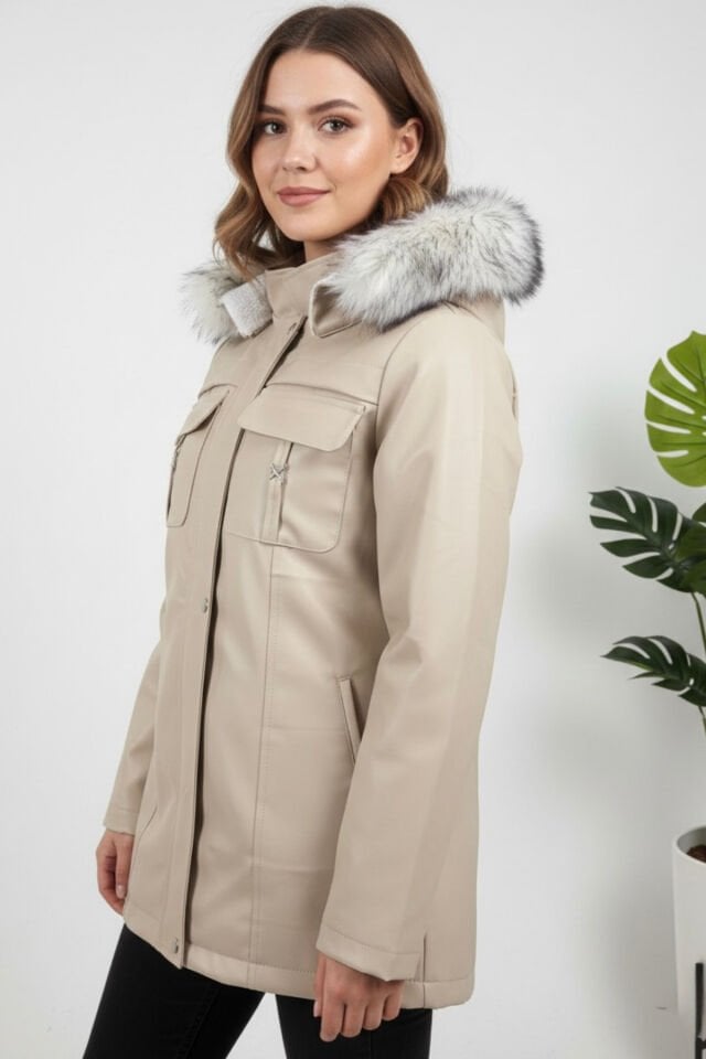 Kadın Kürk Astarlı Yeni Sezon Deri Mont KS2576 L - Bej