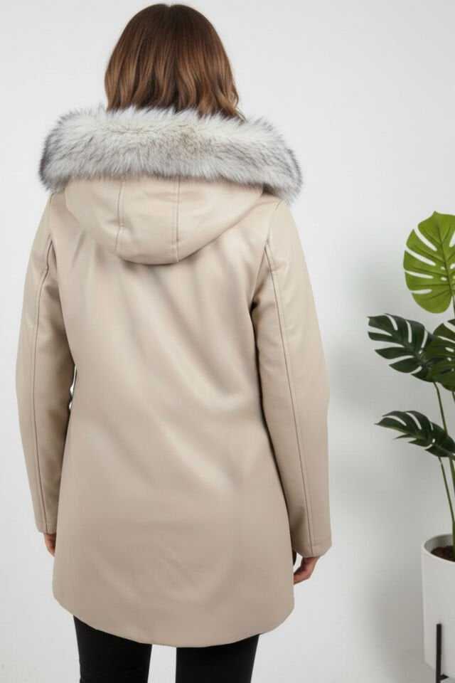 Kadın Kürk Astarlı Yeni Sezon Deri Mont KS2576 L - Bej