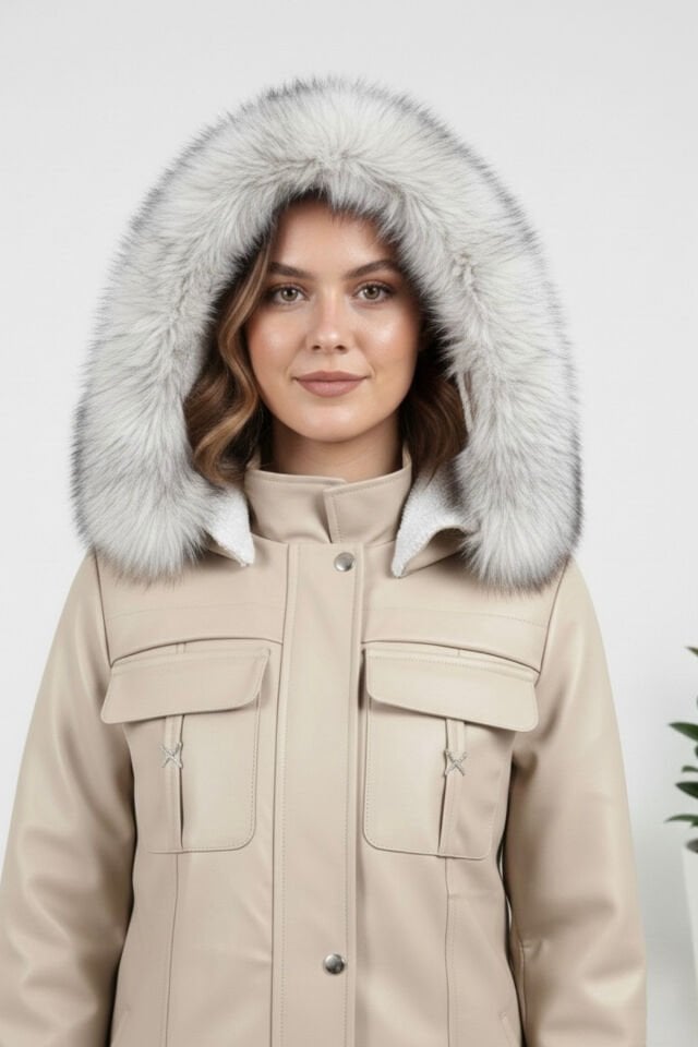Kadın Kürk Astarlı Yeni Sezon Deri Mont KS2576 L - Bej