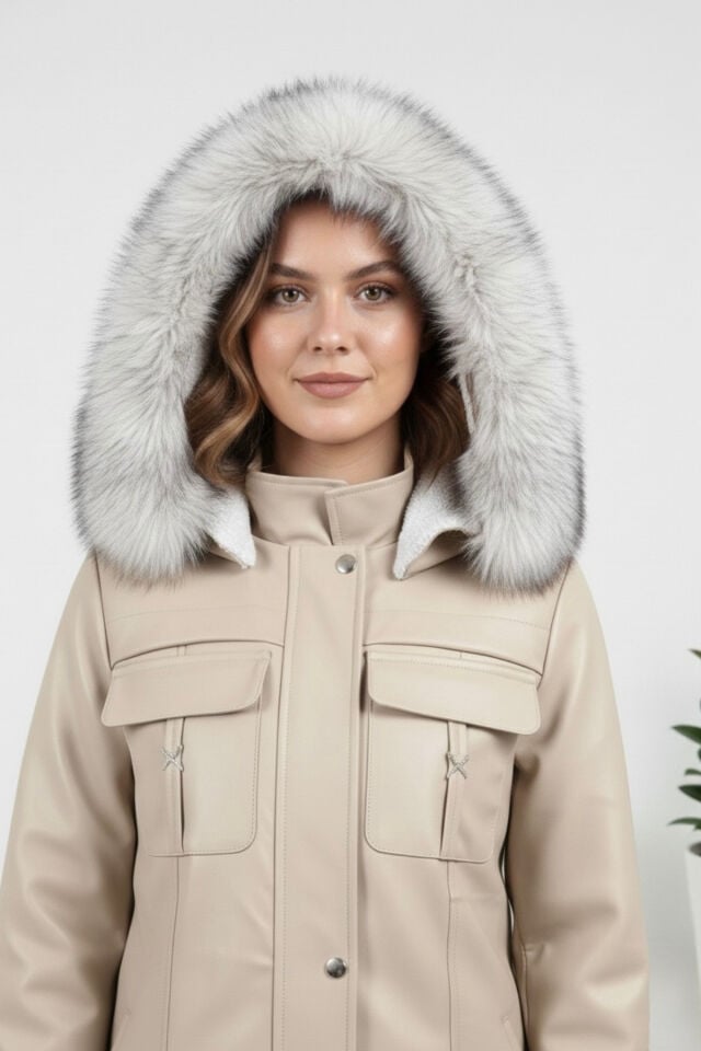 Kadın Kürk Astarlı Yeni Sezon Deri Mont KS2576 L - Bej
