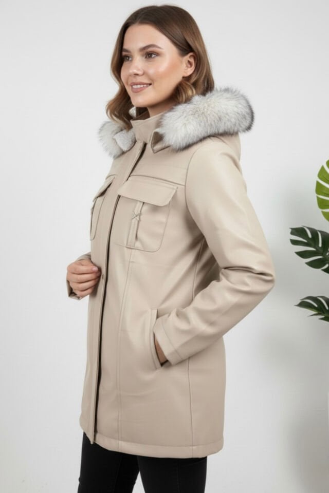 Kadın Kürk Astarlı Yeni Sezon Deri Mont KS2576 L - Bej