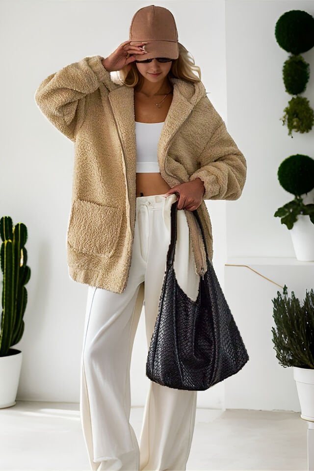 Peluş Kuzu Kıvırcık Torba Cepli Kolej Mont