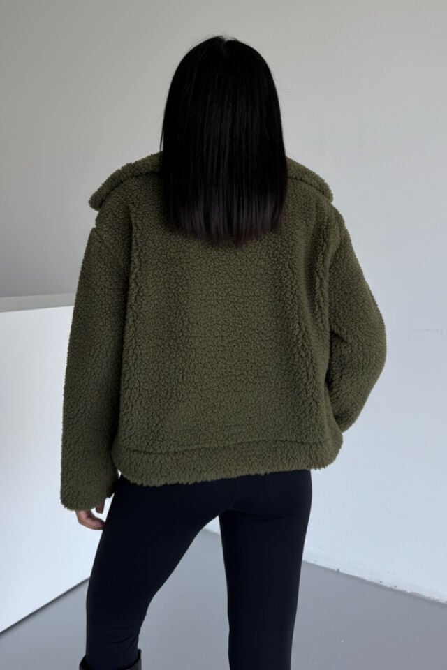 Peluş Deri Tokalı Geniş Yakalı Mont Bej KS2502 L - Haki