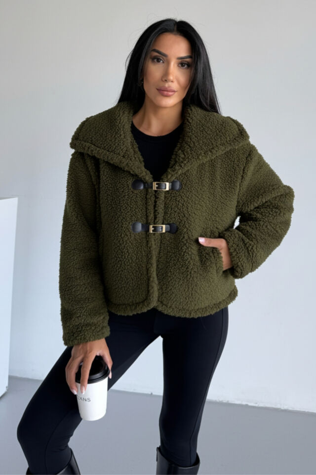 Peluş Deri Tokalı Geniş Yakalı Mont Bej KS2502 L - Haki