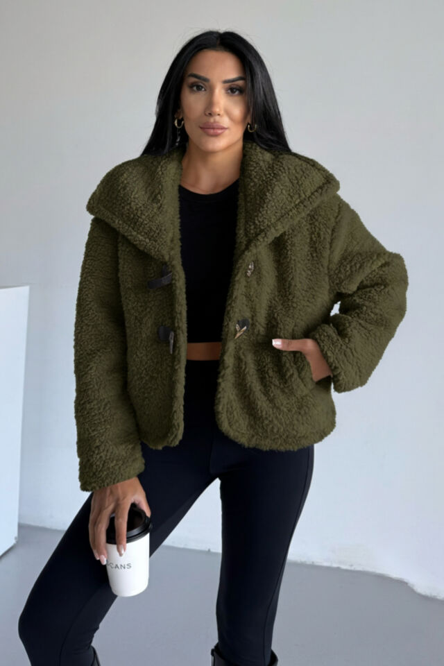 Peluş Deri Tokalı Geniş Yakalı Mont Bej KS2502 L - Haki
