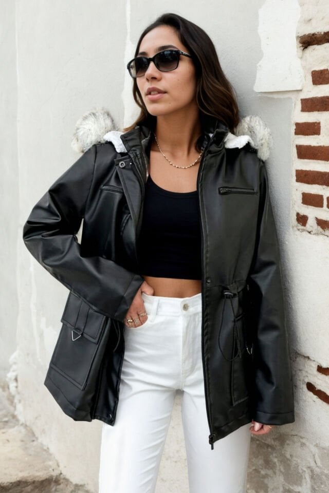 Deri Kapüşonlu Peluş Astarlı Mont KS2527