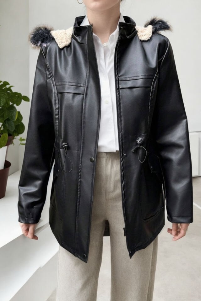 Suni Deri Kapüşonlu Bondik Cep Kapak Detaylı Mont siyah - 44