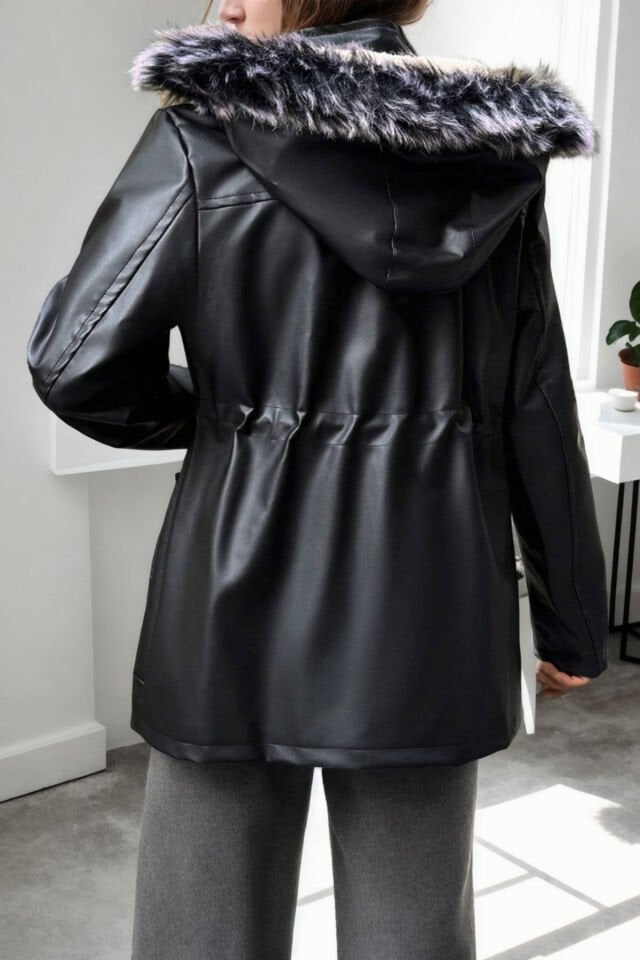 Suni Deri Kapüşonlu Bondik Cep Kapak Detaylı Mont siyah - 44