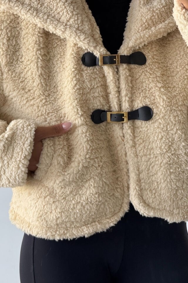 Peluş Deri Tokalı Geniş Yakalı Mont Bej KS2502 XL - Bej