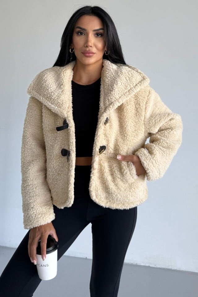 Peluş Deri Tokalı Geniş Yakalı Mont Bej KS2502 XL - Bej