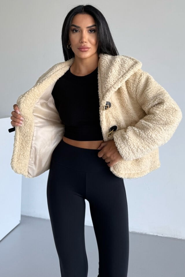 Peluş Deri Tokalı Geniş Yakalı Mont Bej KS2502 XL - Bej