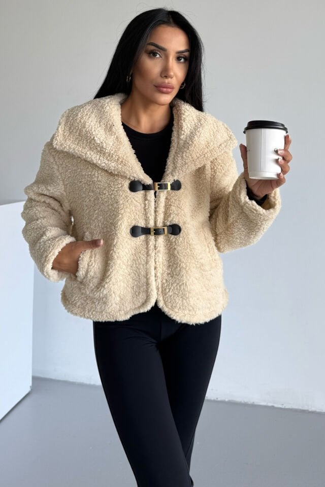 Peluş Deri Tokalı Geniş Yakalı Mont Bej KS2502 XL - Bej