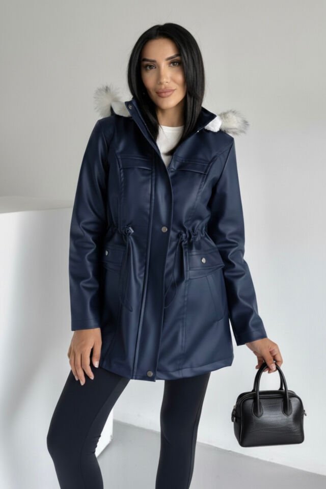 Kapüşonlu Deri İçi Kürklü Cep Üstü Detaylı Mont Bej KS2509 2XL - Lacivert