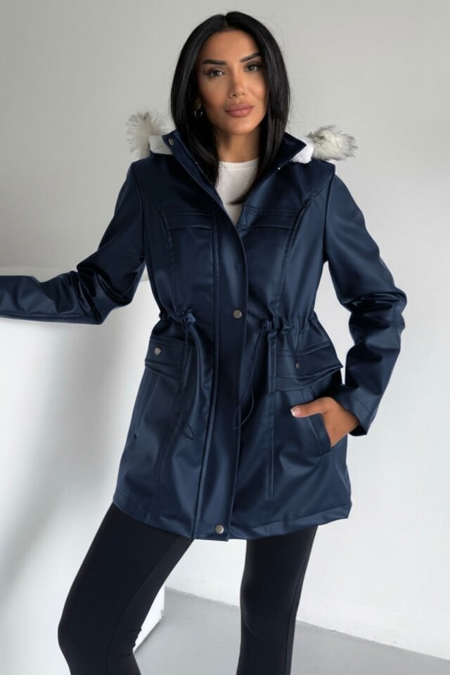 Kapüşonlu Deri İçi Kürklü Cep Üstü Detaylı Mont Bej KS2509 3XL - Lacivert