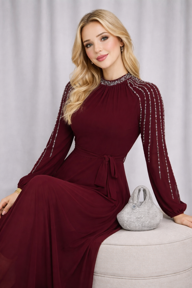 Kadın Kolları İşlemeli Astarlı Abiye Elbise YZ2501 Bordo - 50