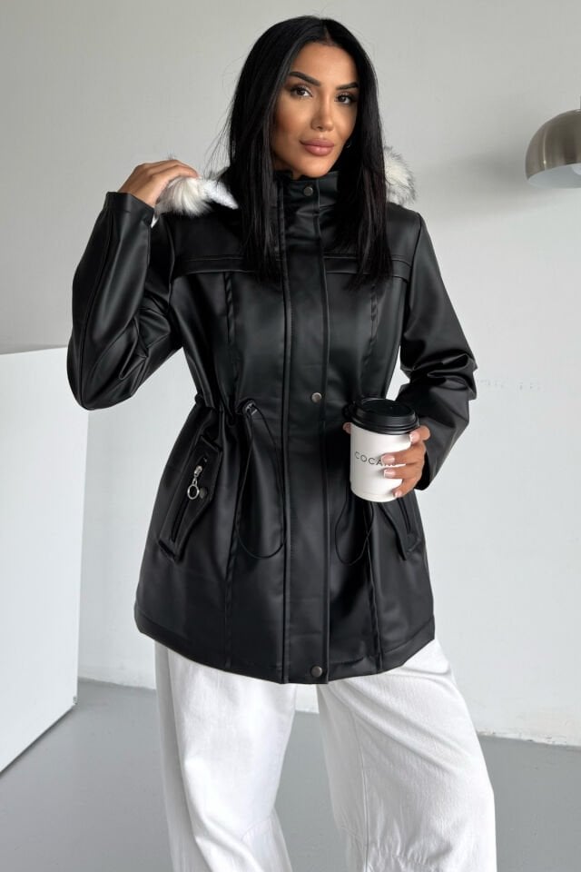 Deri İçi Kürklü Kapüşonlu Mont KS2508 S - siyah