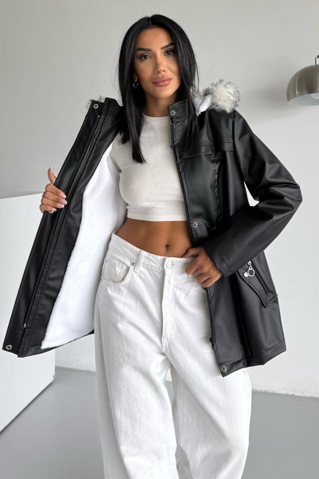 Deri İçi Kürklü Kapüşonlu Mont KS2508 S - siyah