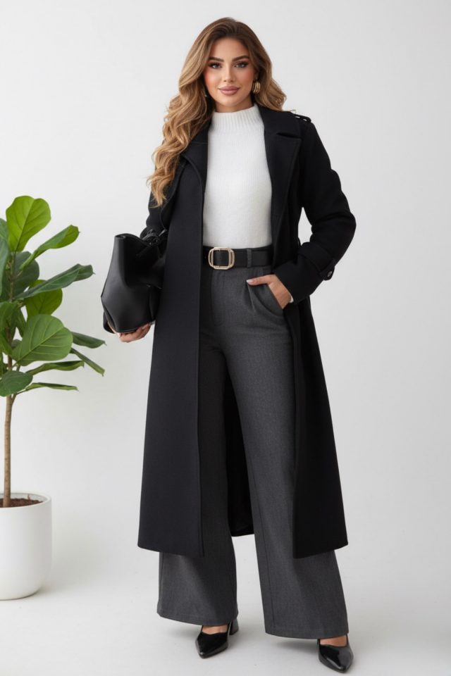 Kadın Yeni Sezon Cep Kapaklı Kaşe kaban mont KS2578 40 - SİYAH