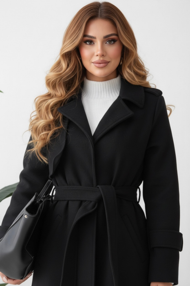 Kadın Yeni Sezon Cep Kapaklı Kaşe kaban mont KS2578 40 - SİYAH