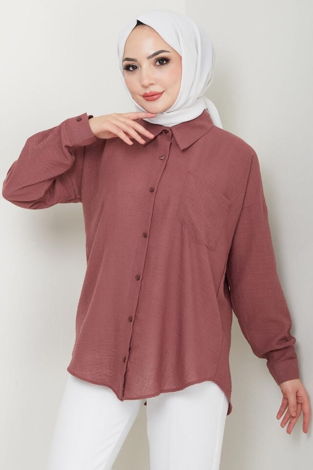 Oversize Tek Cepli Uzun Kol Keten Gömlek Gül Kurusu - 44