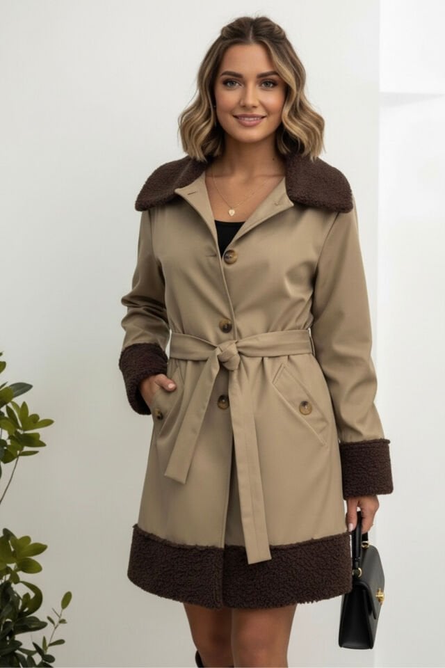 Kadın Yeni sezon Yakası Kürklü Trençkot Lacivert 110 boy S - Vizon