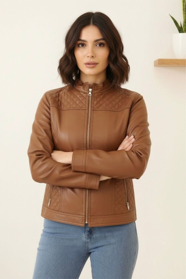 Suni Deri Polar Astarlı Yeni Sezon Kadın Mont Siyah KS2556 36 - Taba