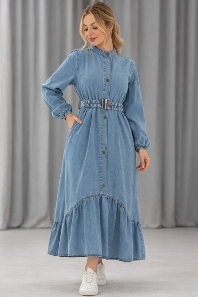 Kadın Kemer Detaylı Denim Kot  Elbise YZ2614 Mavi - 48