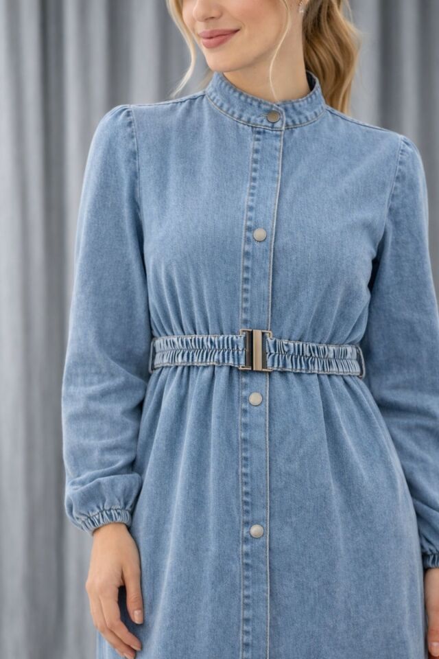 Kadın Kemer Detaylı Denim Kot  Elbise YZ2614 Mavi - 48