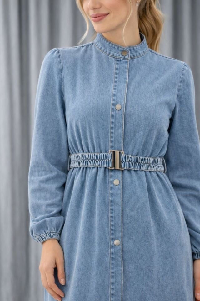 Kadın Kemer Detaylı Denim Kot  Elbise YZ2614 Mavi - 48