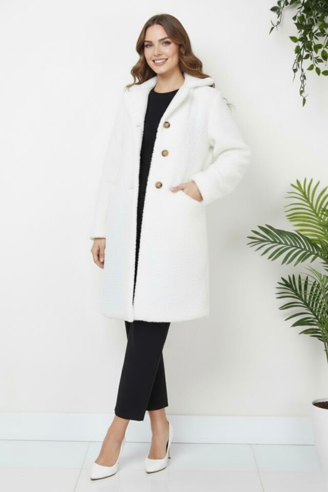 Kadın Peluş Önü Düğmeli Mont Bej KS2531 3XL - Taba