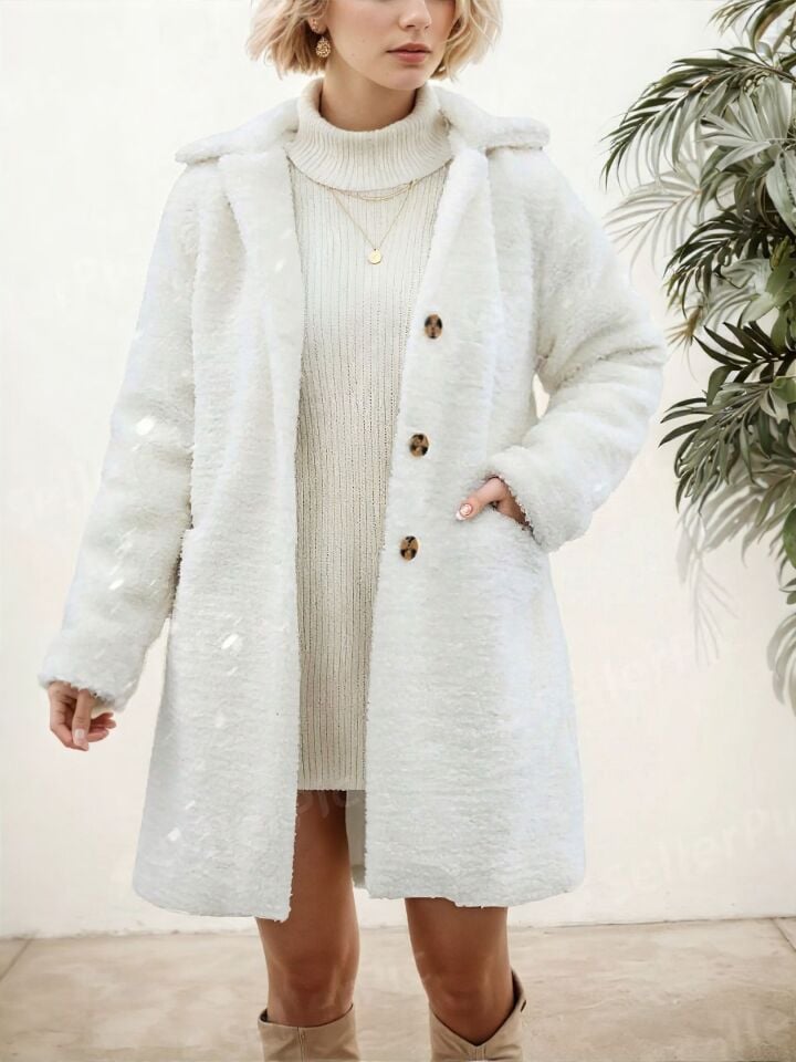 Kuzu Kıvırcık Önü Düğmeli Peluş Mont Beyaz - XL