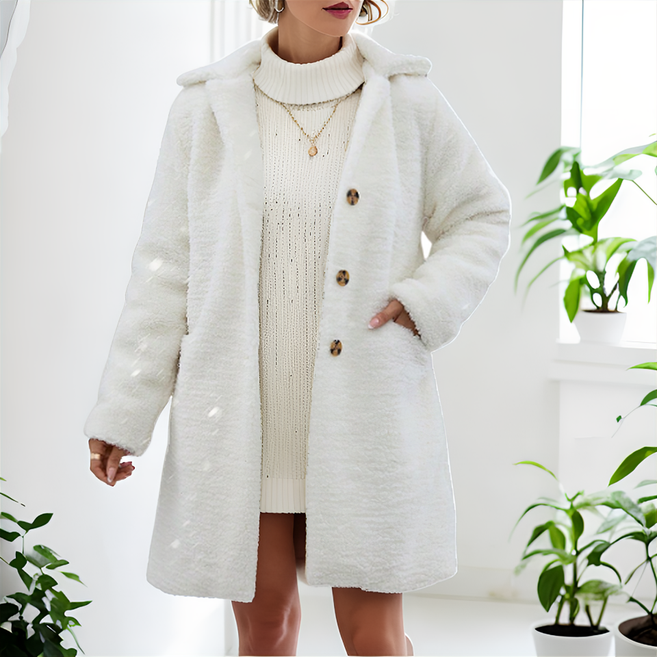 Kuzu Kıvırcık Önü Düğmeli Peluş Mont Beyaz - XL